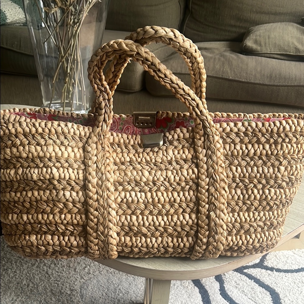 Magid Tan Woven Straw Tote with Pink Floral Trim